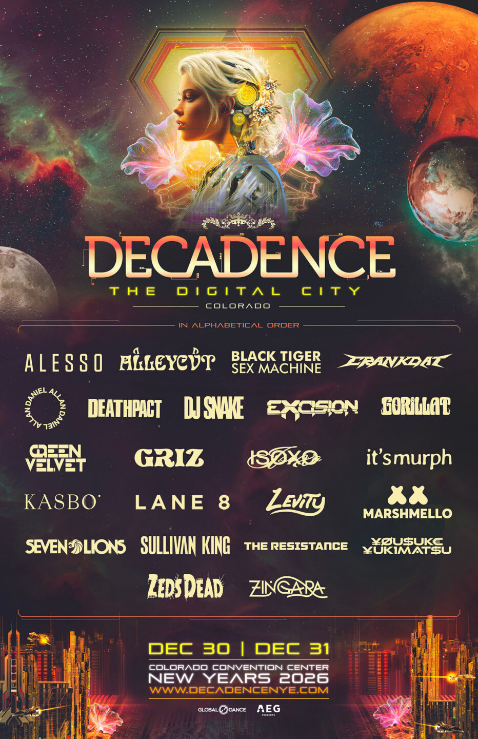 Official Decadence Colorado 2026 lineup for December 30–31 at the Colorado Convention Center