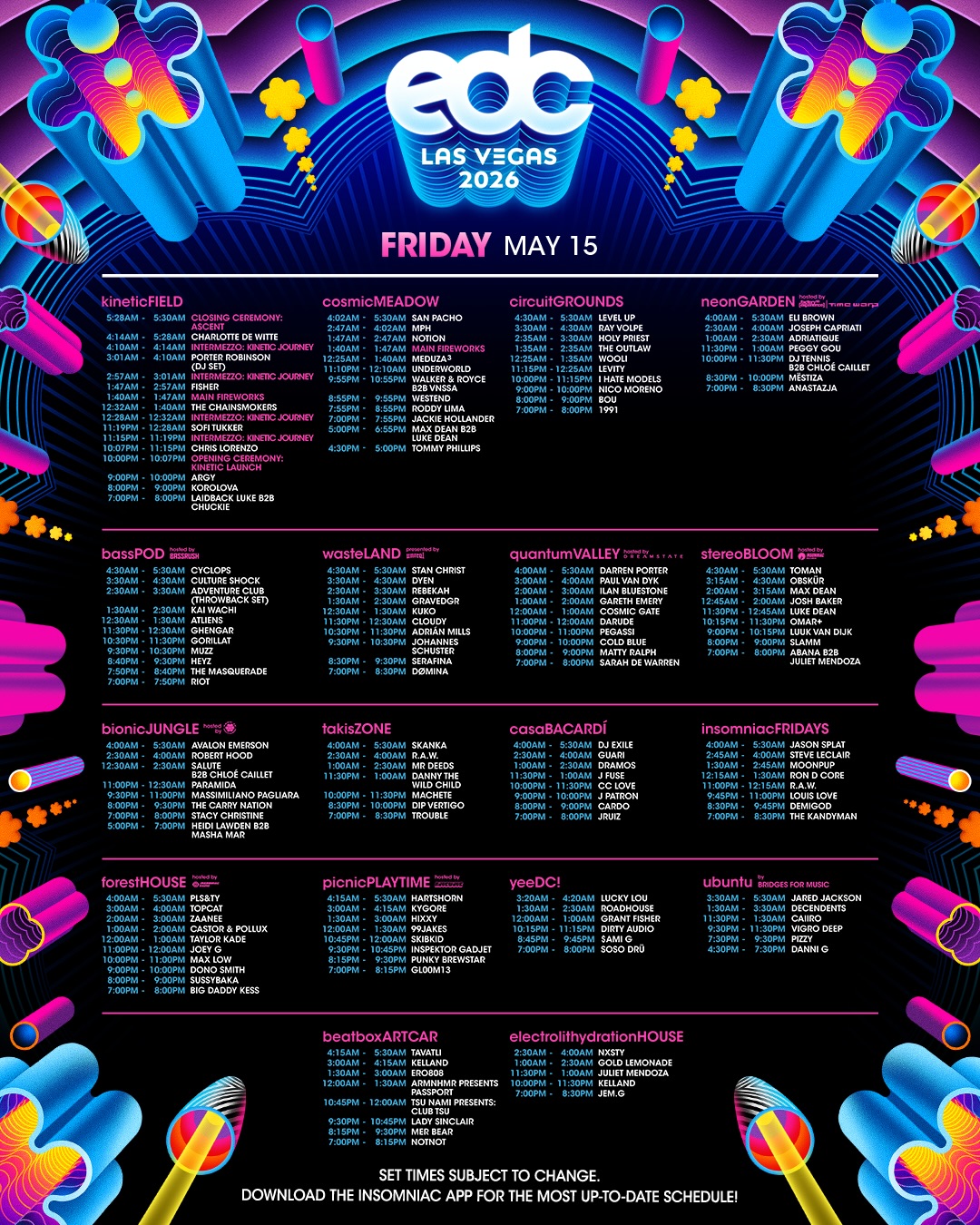 EDC Las Vegas 2026 official set times - Friday, May 15
