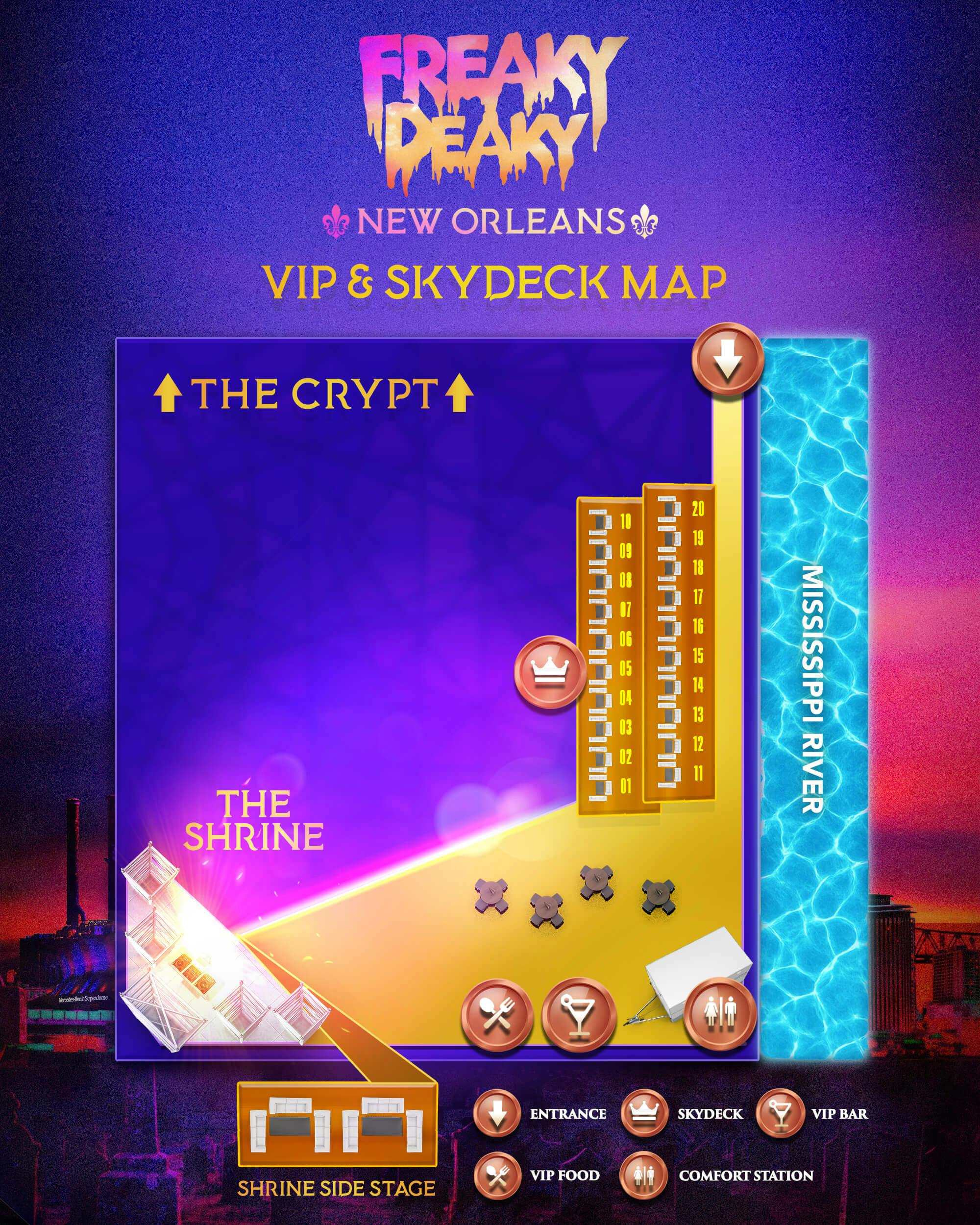 Official Freaky Deaky New Orleans VIP and Skydeck table layout; not a full site map
